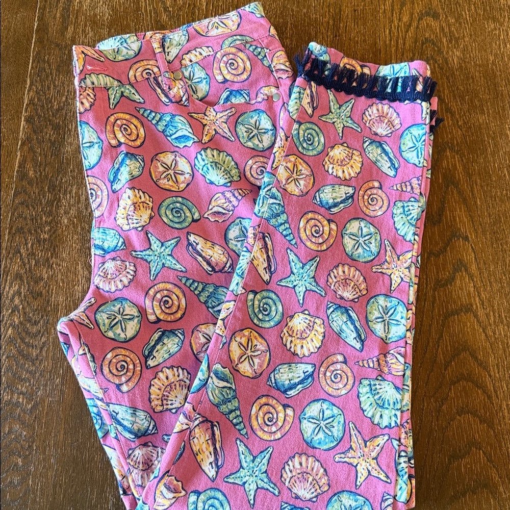 Simply Southern 5 Pocket Pink Sea Shell Pants with Ankle Fringes Sz …